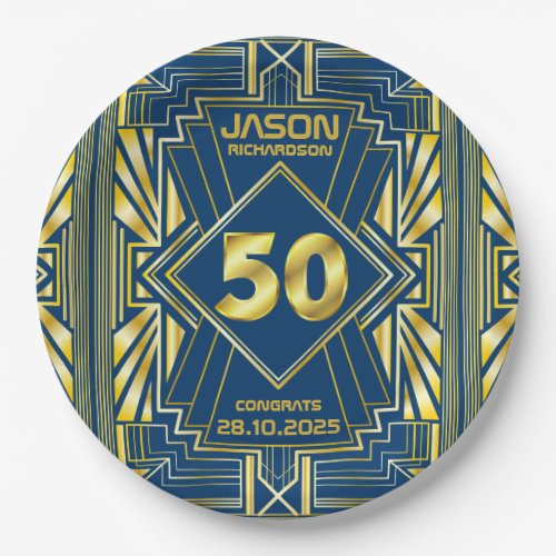 50th Birthday Art Deco Gold Blue Great Gatsby Paper Plates