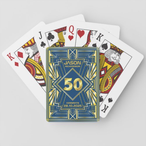 50th Birthday Art Deco Gold Blue Great Gatsby Playing Cards