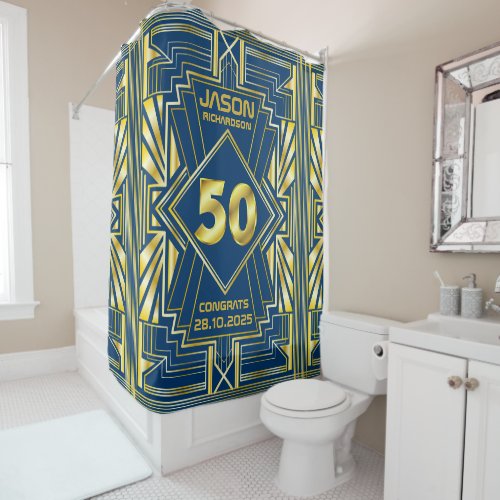 50th Birthday Art Deco Gold Blue Great Gatsby Shower Curtain