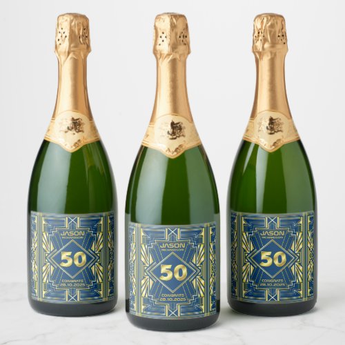 50th Birthday Art Deco Gold Blue Great Gatsby Sparkling Wine Label