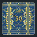 50th Birthday Art Deco Gold Blue Great Gatsby Square Wall Clock<br><div class="desc">Celebrate your milestone birthday in style with this unique Art Deco-style,  Great Gatsby-inspired design featuring geometric shapes in bright gold over dark blue background. An elegant,  classy,  gender neutral look perfect for commemorating that special birthday with the jazz-infused taste of the Roaring Twenties.</div>