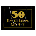[ Thumbnail: 50th Birthday — Art Deco Inspired Look "50" & Name Gift Bag ]