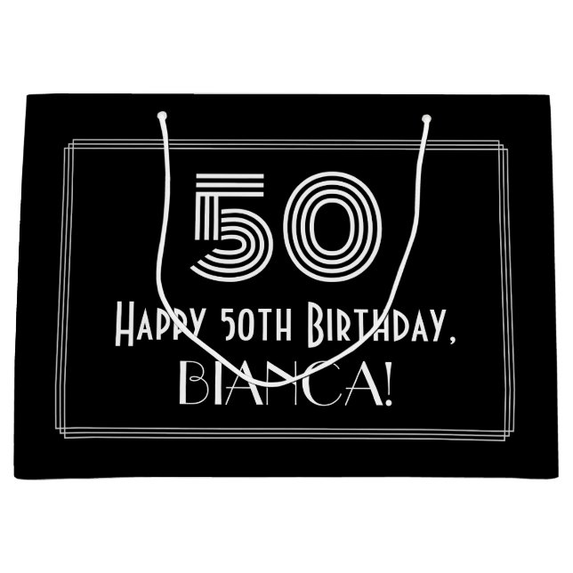 50th Birthday — Art Deco Inspired Look "50" & Name Large Gift Bag (Front)
