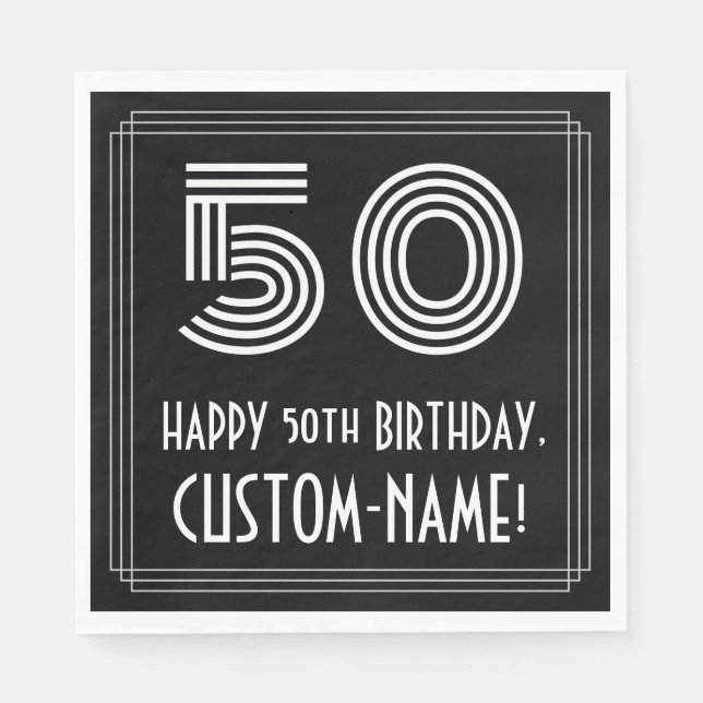 50th Birthday: Art Deco Inspired Look "50" + Name Napkins (Front)