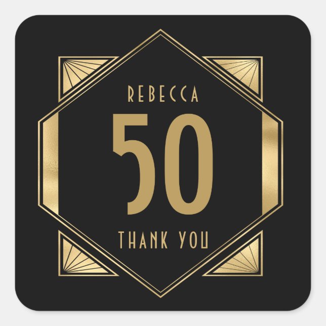 50th Birthday Art Deco Name Thanks Gold Black Square Sticker (Front)