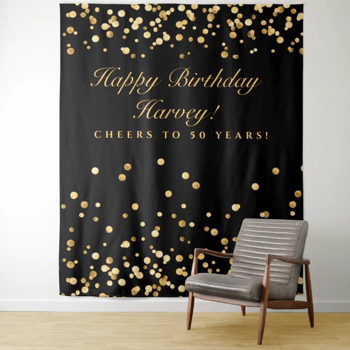 YongFoto 10x9ft Happy 50th Birthday Backdrop Great Gatsby Black and Gold Stripe Photography Background Birthday Party Congratulations Man Woman Adult Portrait Banner Photo Booth Props Wallpaper 