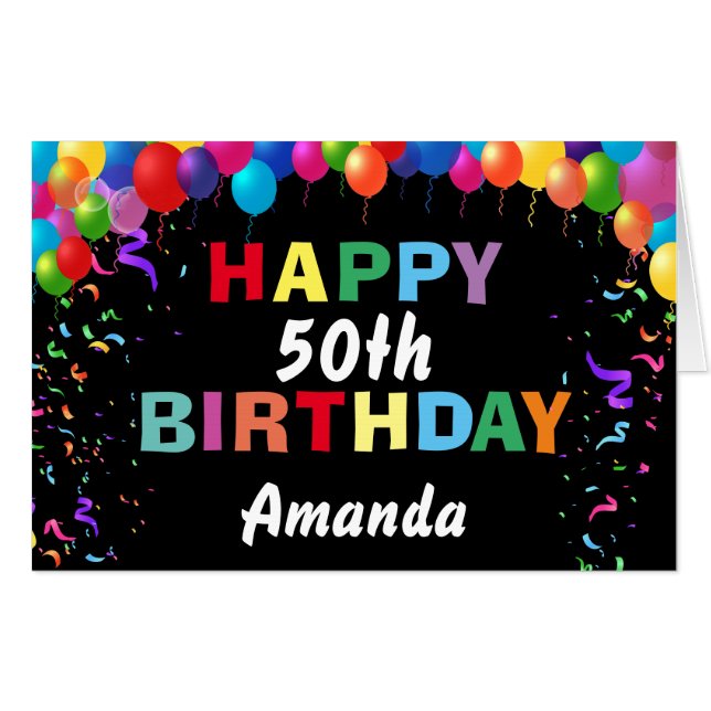 50th Birthday Balloons Black Extra Large Jumbo Card (Front Horizontal)