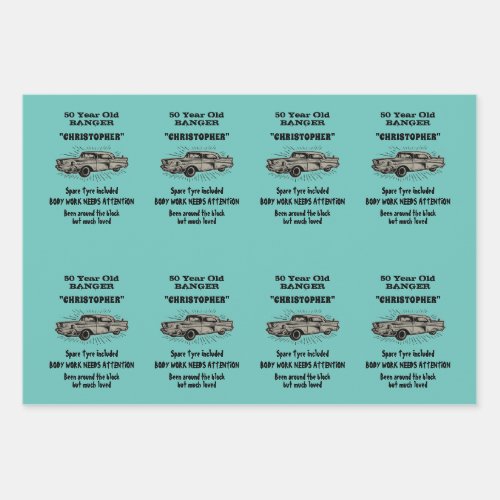 50th Birthday Banger Love Vintage Car Retro Style Wrapping Paper Sheets