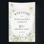 50th Birthday Banner April Birth Flower Daisy<br><div class="desc">Modern Boho white daisy border. All text is editable.</div>