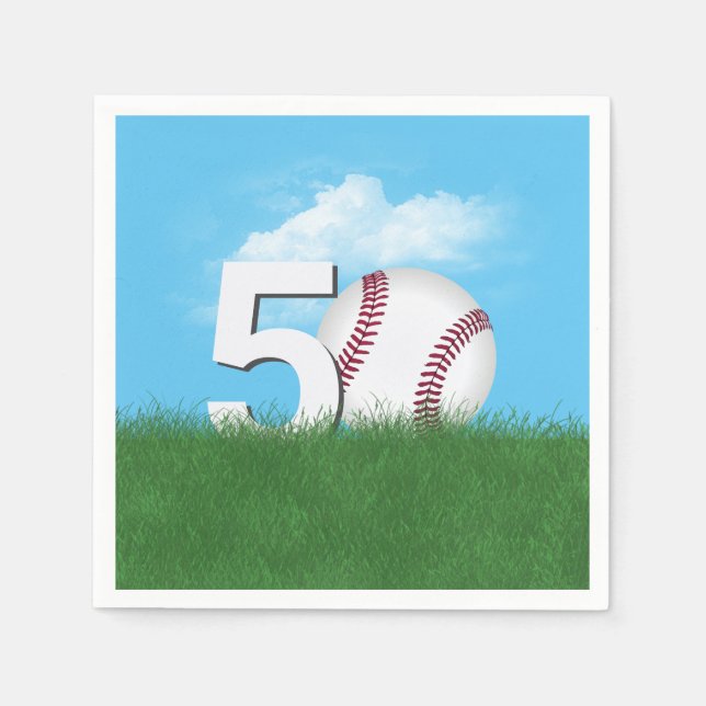 50th Birthday Baseball In Green Grass Napkins (Front)