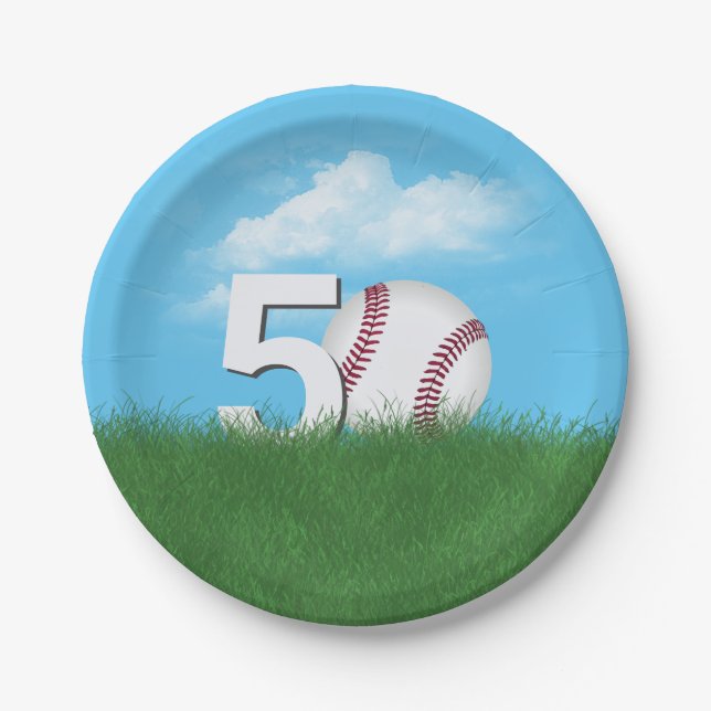 50th Birthday Baseball In Green Grass Paper Plates (Front)