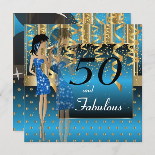 50th Birthday Bash Girl Party  Blue  Gold Invitation