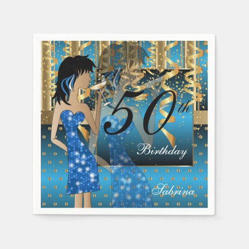50th Birthday Bash Girl Party in Blue and Gold Napkins