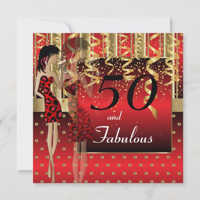 50th Birthday Bash Girl Party | Red & Gold Invitation (Front)