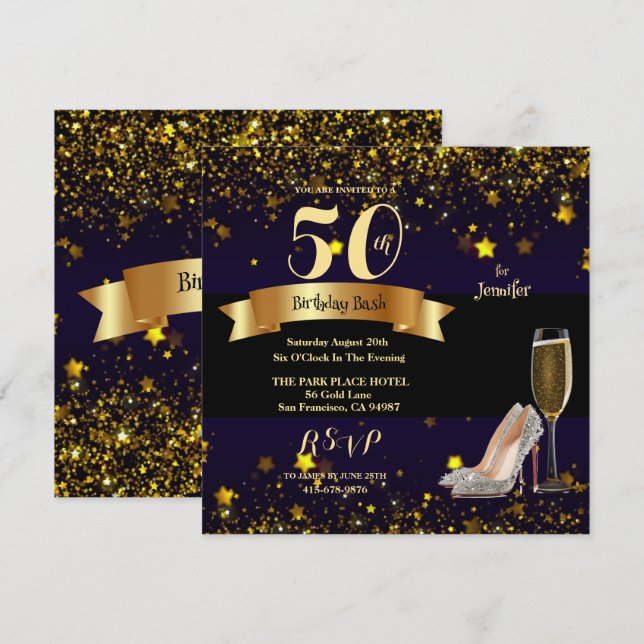 50th Birthday Bash Gold Stars Champagne Invitation (Front/Back)