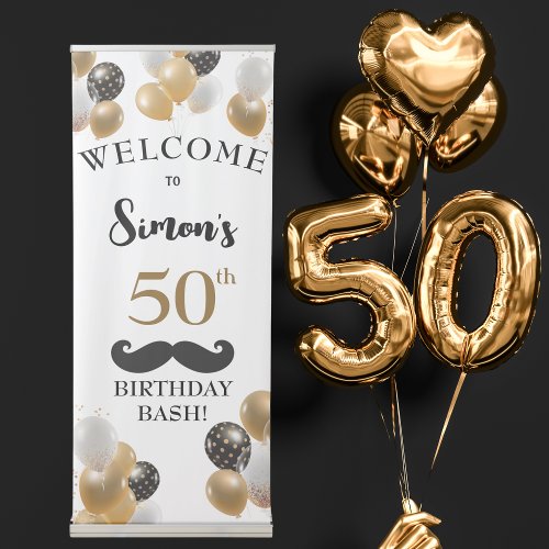 50th Birthday Bash Party Mustache Retractable Banner