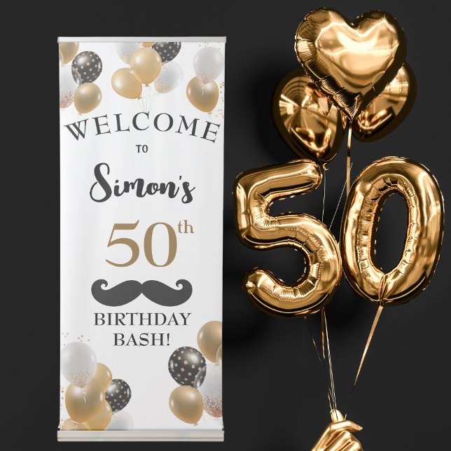 50th Birthday Bash Retractable Banner (50th Birthday Bash Party, Mustache, Retractable Banner)