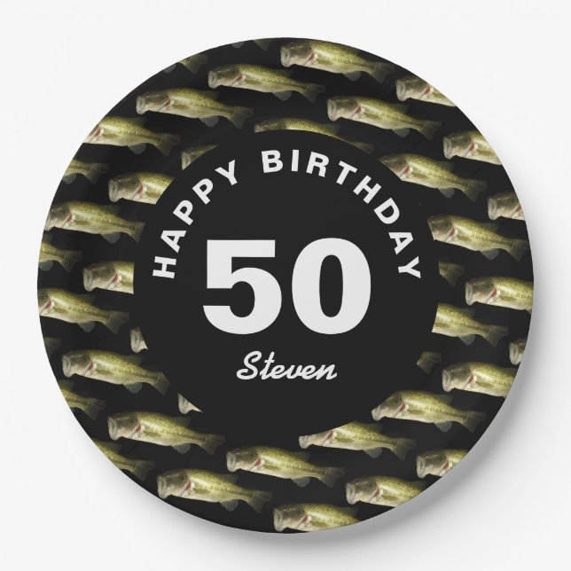 50th Birthday Bass Fishing Personalized Paper Plates (Front)