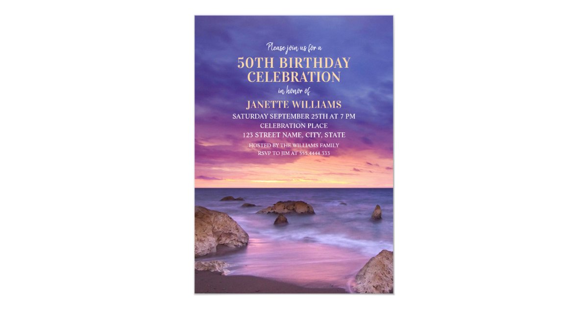 50th Birthday Beach Ocean Destination Cool Sunset Invitation Zazzle Com