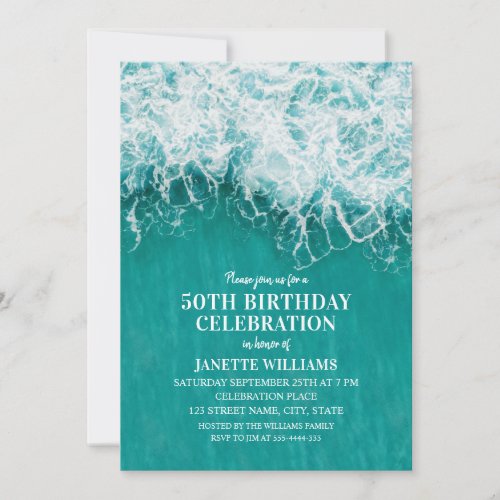50th Birthday Beach Wave Turquoise Ocean Nautical Invitation