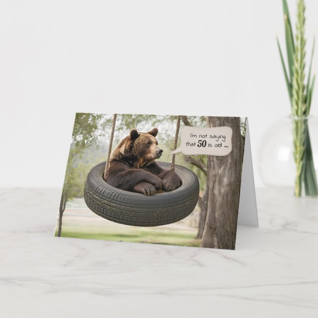 50th Birthday Bear Sitting In a Tire Swing Card (Front)