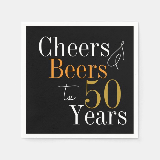 50th Birthday Beers and Cheers Black Gold Party Napkins (Front)