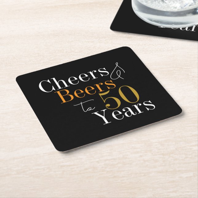 50th Birthday Beers and Cheers Black Gold Party Square Paper Coaster (Angled)