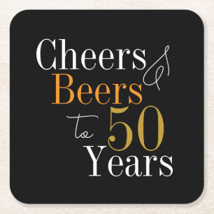 50th Birthday Beers and Cheers Black Gold Party Square Paper Coaster