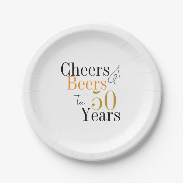 50th Birthday Beers and Cheers Minimal Party Paper Plates (Front)