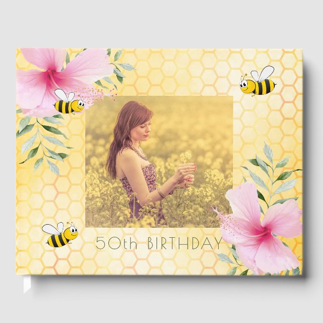 50th birthday bees honeycomb floral photo guest book (Front)