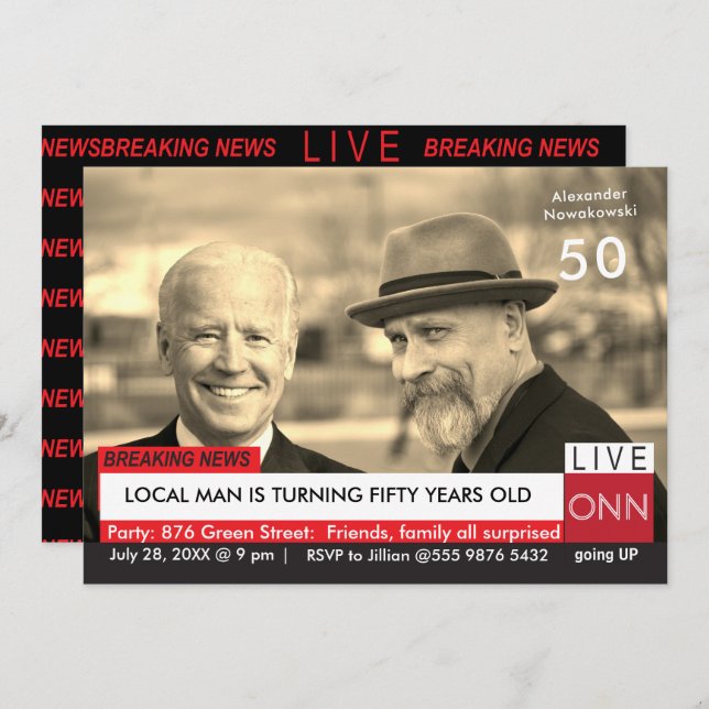 50th Birthday Biden Mens Funny TV News Invitation (Front/Back)
