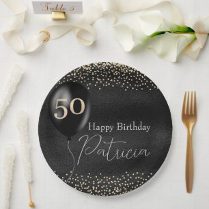 50th Birthday Black and Gold Balloon Paper Plates