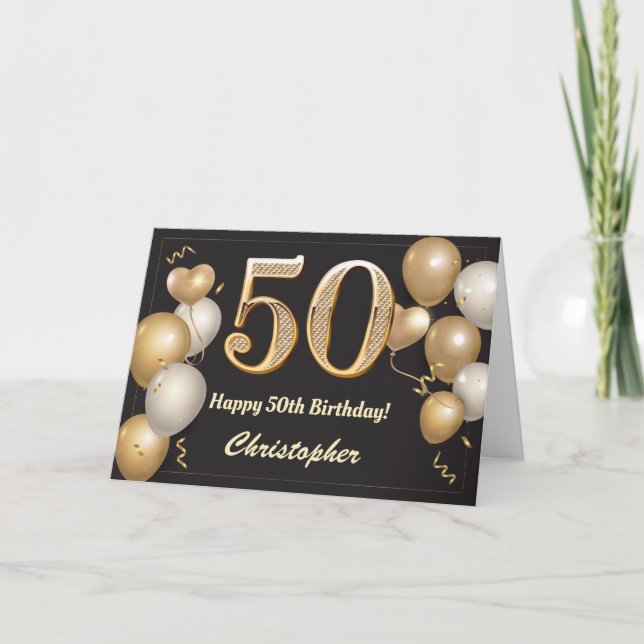 50th Birthday Black and Gold Balloons Birthday Card (Front)