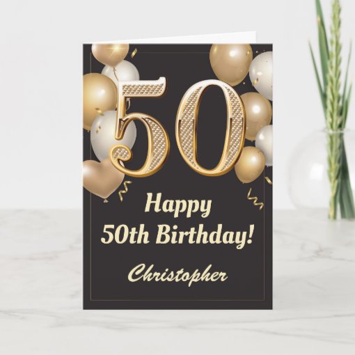 50th Birthday Black and Gold Balloons Confetti Card | Zazzle