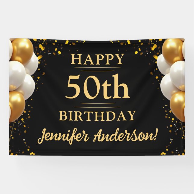 50th Birthday Black and Gold Celebration Banner (Horizontal)