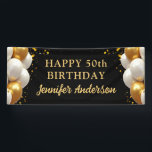 50th Birthday Black and Gold Celebration Banner<br><div class="desc">Celebrate in style with our 50th Birthday Black and Gold Celebration Banner! This elegant banner is designed with a striking black background accented by shimmering gold details, creating a luxurious and festive ambiance. Perfect for a milestone celebration, it features customizable text to honor the guest of honor, adding a personal...</div>