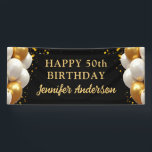 50th Birthday Black and Gold Celebration Banner<br><div class="desc">Celebrate in style with our 50th Birthday Black and Gold Celebration Banner! This elegant banner is designed with a striking black background accented by shimmering gold details, creating a luxurious and festive ambiance. Perfect for a milestone celebration, it features customizable text to honor the guest of honor, adding a personal...</div>