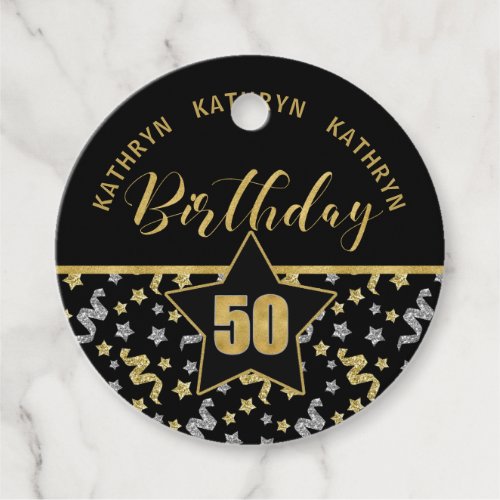 50th Birthday Black and Gold Confetti Favor Tags