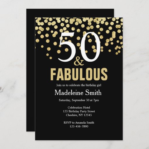 50th Birthday Black and Gold Confetti Party Invitation | Zazzle