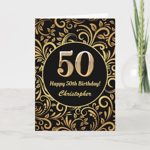 50th Birthday Black and Gold Floral Pattern Card