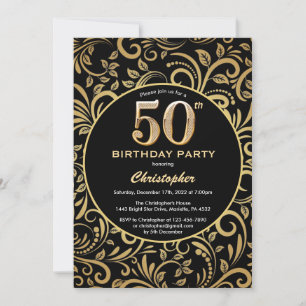 50th Birthday Black and Gold Floral Pattern Invitation