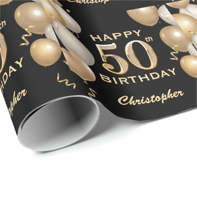 50th Birthday Black and Gold Glitter Balloons Wrapping Paper (Roll Corner)