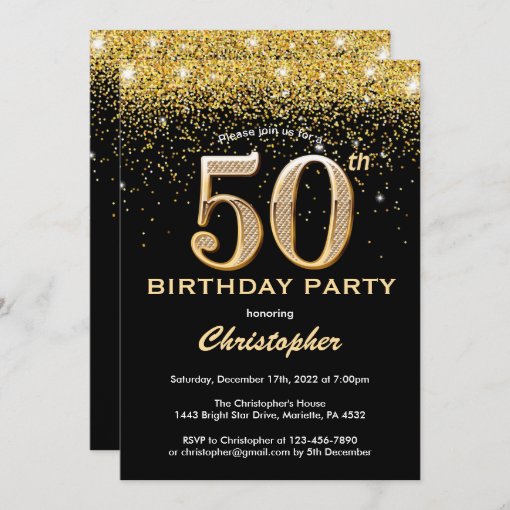 50th Birthday Black and Gold Glitter Confetti Invitation | Zazzle