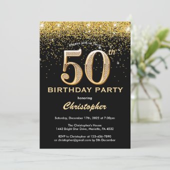 50th Birthday Black and Gold Glitter Confetti Invitation | Zazzle