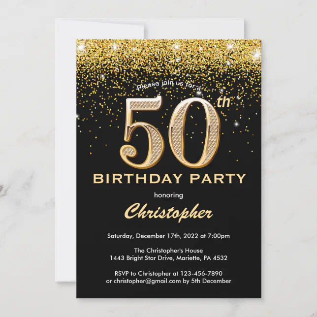 50th Birthday Black and Gold Glitter Confetti Invitation | Zazzle