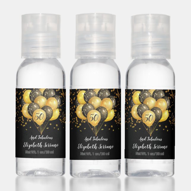 50th Birthday Black And Gold Glitter Hand Sanitizer (Set)