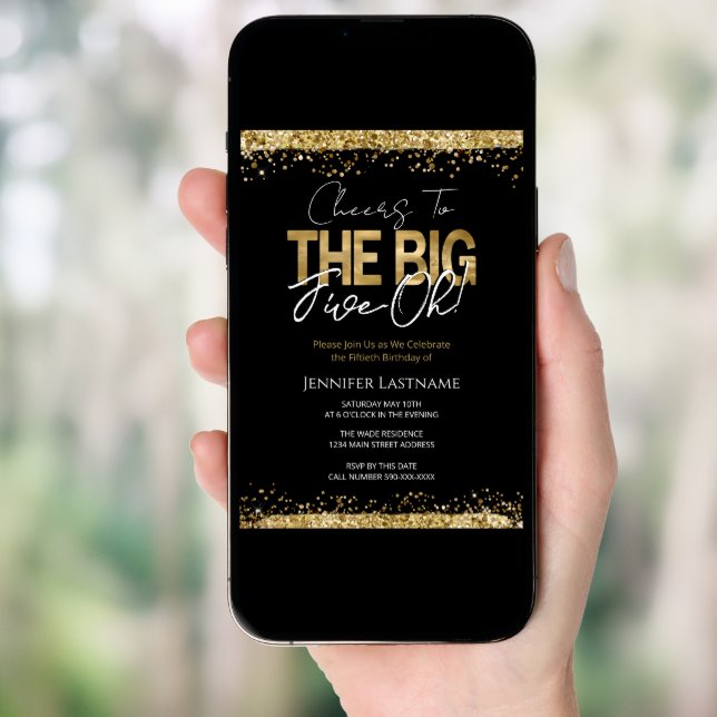 50th Birthday Black and Gold Invitation (Front Digital)