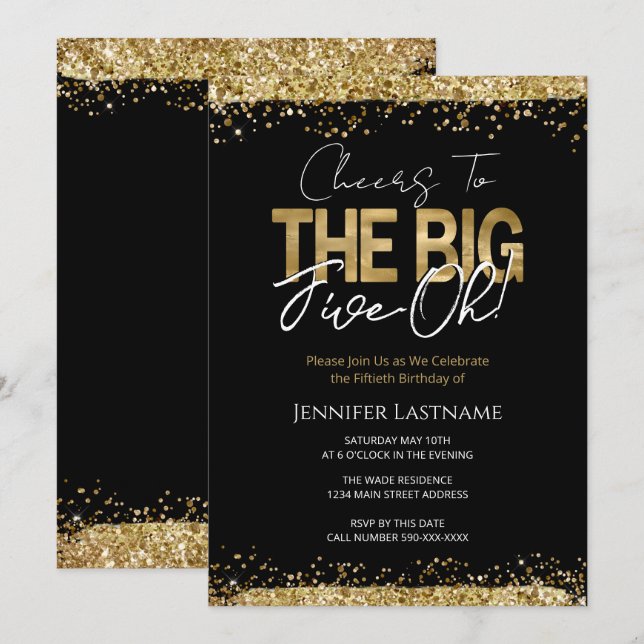 50th Birthday Black and Gold Invitation (Front/Back)