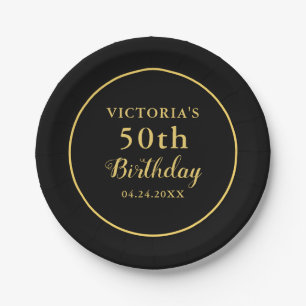 50th Birthday Black and Gold Paper Plates
