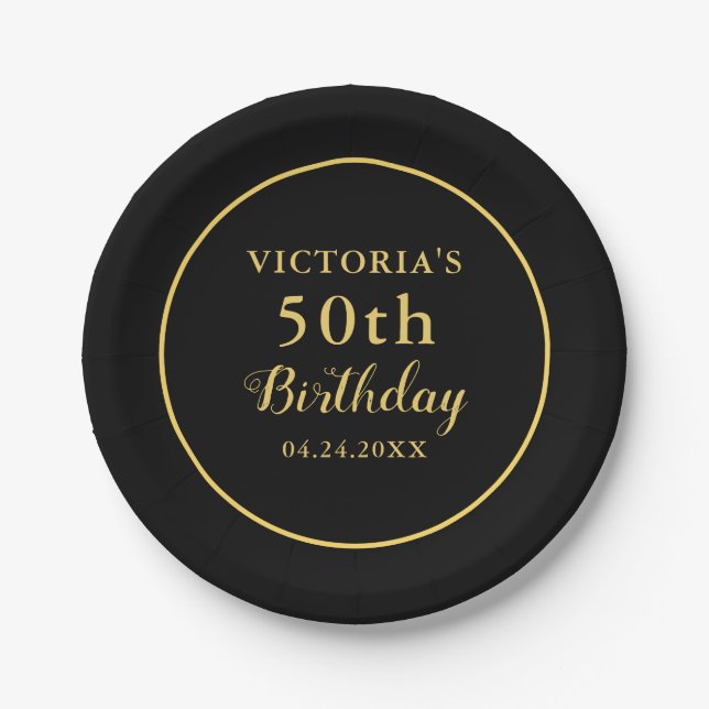 50th Birthday Black and Gold Paper Plates (Front)